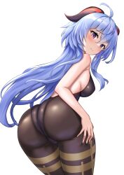 ahoge ass ass_focus back backless_outfit black_leotard black_pantyhose blue_hair blush bodystocking breasts cowboy_shot edchi embarrassed female from_behind ganyu_(genshin_impact) genshin_impact goat_horns hair_between_eyes hand_on_own_ass highres horns leotard leotard_under_clothes long_hair looking_at_viewer looking_back medium_breasts pantyhose purple_eyes sideboob solo solo_female thighband_pantyhose white_background