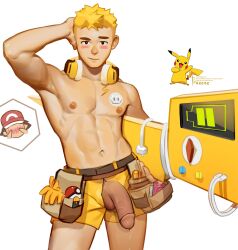 abs big_penis blonde_hair blush breezem brown_eyes gijinka male_only pikachu pokemon pokemon_(species) solo_male