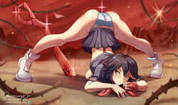 1girls ass bent_over black_hair blue_eyes blush blushing canon_panties casual female female_protagonist fingerless_glove fingerless_gloves footwear frown glove handwear human jack-o_pose jackochallenge jammeryx kill_la_kill looking_at_viewer matoi_ryuuko pale_skin panties red_hair red_highlights scissor_blade scissors senketsu shimapan shoes skirt solo solo_female striped striped_panties stripes two_tone_hair upskirt vines weapon