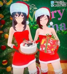 2girls 3d alternate_costume bare_arms bare_shoulders bare_thighs black_hair blue_eyes blue_hair box breasts cake christmas christmas_tree closed_eyes collarbone crossover dress eastern_and_western_character fefreak726 female female_only fire_emblem fire_emblem_awakening food gift gift_box gloves grin hair_between_eyes long_hair looking_at_viewer lucina_(fire_emblem) medium_breasts merry_christmas multicolored_hair multiple_girls nintendo red_hair ruby_rose rwby short_hair shoulders small_breasts smile strawberry symbol-shaped_pupils thighhighs thighs tree