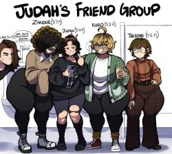 5boys bathroom big_ass blackwhiplash bottom_heavy bottom_heavy_femboy bwl character_sheet dark-skinned_femboy dark-skinned_male ear_piercing femboy glasses judah_roberts kiiro_himawari leon_dorman male male_only middle_finger multiple_boys oc original original_characters public_restroom theodore_(blackwhiplash) voluptuous voluptuous_male wide_hips zander_(blackwhiplash)