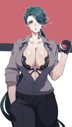 2020s 2023 2d 2d_(artwork) alternate_breast_size big_breasts black_gloves breasts cero_rains cleavage clothed clothing collarbone ear_piercing ear_piercingss earrings female female_focus female_only gloves green_hair hair_over_one_eye hand_in_pocket hi_res highres hourglass_figure large_breasts lingerie pokemon pokemon_sv red_eyes rika_(pokemon) solo solo_female solo_focus teal_hair thigh_gap tomboy