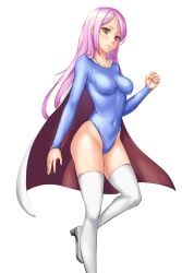 absurdres blue_leotard boots breasts brown_eyes cape covered_navel edchi feet_out_of_frame female highleg highleg_leotard highres impossible_clothes impossible_leotard leotard long_hair medium_breasts original pink_hair solo standing standing_on_one_leg superhero thigh_boots thighhighs white_cape white_footwear white_thighhighs