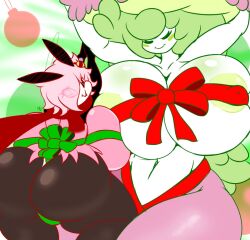 2girls anthro anthrofied areolae ass back_view big_ass big_butt blush breasts christmas chubby digital_media_(artwork) duo erect_nipples eyelashes female female_only front_view fungi_fauna gift gift_wrapped green_areola green_hair green_nipples hair huge_ass huge_breasts huge_butt kirbot12 large_ass long_hair looking_away mob_face multicolored_skin multiple_girls mushroom navel nintendo nipple_bulge nipples pokémon_(species) pokemon pokemon_sm ribbon ribombee shiinotic shiny_pokemon shiny_ribombee smile thick_thighs voluptuous white_skin wide_hips