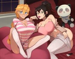 2girls ass barleyshake bed big_breasts blonde_hair blue_eyes blush brown_hair clothed clothing female female_focus female_only freckles green_eyes large_breasts long_hair looking_at_viewer original phone plushie ponytail stockings thick_thighs unknown_character