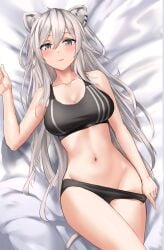 absurdres animal_ears bare_arms bare_shoulders bed_sheet black_panties black_sports_bra breasts cleavage collarbone crop_top edchi female grey_eyes grey_hair highres hololive hololive_gen_5 hololive_japan large_breasts lion_ears lion_girl lion_tail long_hair looking_at_viewer lying midriff navel no_pants official_alternate_costume official_alternate_hairstyle on_back panties panty_pull pulled_by_self shirt shishiro_botan shishiro_botan_(button-down) sleeveless solo sports_bra stomach tail thighs underwear very_long_hair virtual_youtuber