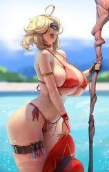 1girls bikini blonde_hair breasts cleavage curvy eu03 female_only hair_over_one_eye hat huge_breasts long_hair open_mouth outdoors solo staff sunglasses swimsuit tinted_eyewear witch witch_hat