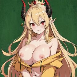 ai_generated blonde_female blushing_at_viewer chalkboard chalkboard_drawings crown horns horny horny_female is_that_a_cult_of_the_lamb_reference readybat2 red_horns showing_breasts
