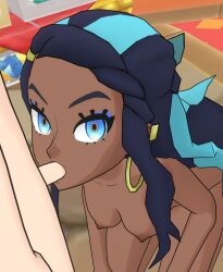 1boy 1girls black_hair blowjob blue_eyes blue_highlights christmas dark-skinned_female dark_skin earrings female holidays human interracial light-skinned_male looking_at_viewer male nessa_(holiday_2021)_(pokemon_masters) nessa_(pokemon) on_knees oral_penetration oral_sex pokemon pokemon_masters pokemon_ss saucemon7 sucking_penis unseen_male