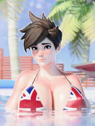 1girls 2022 3d artist_name big_breasts bikini blender blizzard_entertainment breasts breasts_bigger_than_head british_flag cleavage female female_only freckles freckles_on_breasts freckles_on_face huge_breasts looking_at_viewer nipple_bulge overwatch overwatch_2 pale-skinned_female pale_skin palm_tree pool rhywlad solo solo_female swimming_pool tracer union_jack union_jack_bikini union_jack_tracer