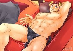 1boy abs anal_tail armpits bara beckoning black_male_underwear blush briefs bulge buttplug cat_tail claude_(tokyo_afterschool_summoners) couch cum cum_in_ass erection erection_under_clothes facial_hair fake_tail feet_out_of_frame from_above gakei3 goatee green_eyes implied_yaoi jacket jacket_removed large_pectorals laurel_crown long_sideburns lying male male_focus male_only male_underwear mature_male muscular muscular_male navel nipples on_back on_couch pectorals presenting red_hair short_hair sideburns smile solo spread_legs stomach sweat tail thick_eyebrows thick_thighs thighs tokyo_afterschool_summoners tokyo_houkago_summoners underwear underwear_only