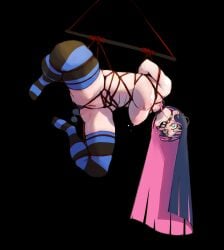 anal_object_insertion blue_hair bondage bound female gag object_insertion omarnoseq pink_hair pussy restrained rope shaved_pussy stocking_anarchy stockings suspension