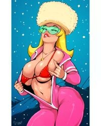 1girls aleksandrgav american_dad big_breasts biting_lip blonde_hair blush bra female female_focus female_only francine_smith hat large_breasts long_hair looking_back snow solo solo_female