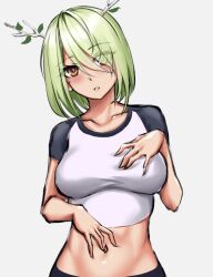 alternate_costume antlers blush branch breasts ceres_fauna collarbone commentary edchi english_commentary eyes_visible_through_hair female green_hair hair_ornament hair_over_one_eye hand_on_own_chest hand_on_own_stomach head_tilt hololive hololive_english hololive_english_-council- hololive_english_-promise- looking_at_viewer medium_breasts midriff mole mole_under_eye navel parted_lips raglan_sleeves shirt short_hair simple_background solo upper_body virtual_youtuber white_background yellow_eyes