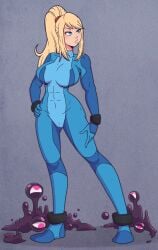 1girls blonde_hair blue_eyes clothing female female_only femsub kuromaru m.u.g.e.n metroid monster multi_eye pre-transformation samus_aran transformation wide_hips wrenzephyr2 zero_suit_samus