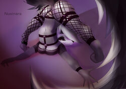 2021 5_fingers anthro ass ass_up barely_visible_genitalia barely_visible_pussy biped black_nose breasts canid canid_demon canine canis clothed clothing demon digital_media_(artwork) female fingers fishnet fishnet_bottomwear fur genitals goth grey_body grey_fur half-closed_eyes hellhound helluva_boss jack-o'_crouch_pose jack-o_crouch jack-o_pose jackochallenge looking_back loona_(helluva_boss) mammal meme multicolored_tail narrowed_eyes navel nude nuxinara pose pussy red_eyes solo