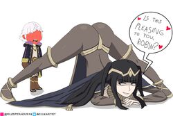 0118 1boy 1girls ass ass_up bangs big_ass black_eyes black_hair bodystocking english_text face_down_ass_up fire_emblem fire_emblem_awakening full_bodystocking grin heavy_blush jack-o_pose jackochallenge long_hair looking_back nintendo pose robin_(fire_emblem) robin_(fire_emblem)_(male) smile solo_focus spread_legs text tharja_(fire_emblem)