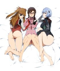 3girls absurdres ass asuka_langley_sohryu barefoot blue_eyes blue_hair breasts brown_hair calf_muscles eyepatch finger_to_face highres hukii interface_headset large_breasts leotard long_hair looking_at_viewer lying mari_illustrious_makinami multiple_girls neon_genesis_evangelion on_back on_side on_stomach pilot_suit plugsuit rebuild_of_evangelion red-framed_eyewear rei_ayanami science_fiction short_hair smile soles thighs toes twintails v