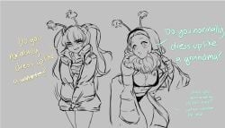 clothes_swap dako_(beehaan) english_text female grey_background monochrome original_character original_characters outfit_swap shy twintails