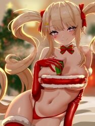 1girls armwear azur_lane big_breasts blonde_hair blush breasts christmas christmas_outfit cleavage eagle_union_(azur_lane) elbow_gloves female female_only gloves guam_(azur_lane) hair hair_ornament heart-shaped_pupils heart_tattoo hips huge_breasts legwear light-skinned_female light_skin navel neckwear painterrei2 present purple_eyes red_gloves red_thong smile solo symbol-shaped_pupils thick_thighs thighhighs thighs thong twintails wide_hips