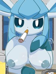 anthro areola ashtray beverage big_breasts blue_body blue_eyes breasts cigarette cigarette_in_mouth digital_media_(artwork) eeveelution female glaceon glass glass_cup hi_res looking_at_viewer nintendo nipples nude orange_juice pokémon_(species) pokemon sateco smoke smoking smoking_tobacco solo video_games