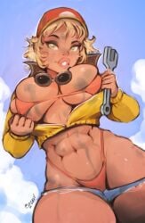 abs aleksandrgav big_breasts blonde_hair bra cindy_aurum final_fantasy final_fantasy_xv glasses hat jeans_shorts large_breasts looking_at_viewer muscular muscular_female oil short_hair