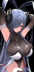 1girls absurdres animal_ears armpits arms_behind_head arms_up august_von_parseval_(azur_lane) azur_lane black_background black_gloves black_horns black_leotard blue_hair blush breasts cleavage cosplay covered_navel curled_horns elbow_gloves fake_animal_ears female gloves groin hair_over_one_eye highres horns iron_blood_(azur_lane) kaki_z3 knee_up large_breasts leotard light-skinned_female light_skin mizuki_shiranui mizuki_shiranui_(cosplay) parted_lips purple_eyes rabbit_ears see-through see-through_cleavage simple_background solo taimanin_(series) taimanin_yukikaze