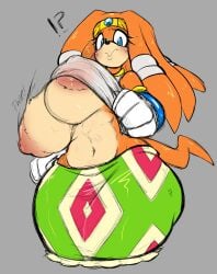 2024 2d absurd_res anthro big_breasts blue_eyes blush bottomwear breasts chilispice clothing echidna exclamation_point female hi_res huge_breasts low-angle_view mammal mobian mobian_(species) mobian_echidna monotreme navel nipples question_mark sega skirt solo sonic_(series) sonic_adventure sonic_the_hedgehog_(series) sound_effects tail tikal_the_echidna under_boob wide_hips