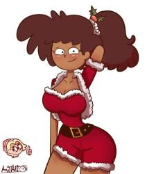 1girls aged_up amphibia amphibia_(finale) anne_boonchuy autart big_breasts blush breasts brown_hair christmas christmas_clothing christmas_headwear christmas_outfit cleavage clothed dark-skinned_female dark_skin disney disney_channel female hand_behind_head holidays human ponytail sasha_waybright white_background yuri