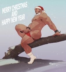 1boy bad_id bad_pixiv_id bara belly branch breaking bulge christmas closed_eyes clothing_aside erection erection_under_clothes fake_beard fake_facial_hair from_side full_body happy_new_year hat heavy highres large_pectorals looking_ahead male_focus male_masturbation male_underwear male_underwear_aside masturbation mature_male merry_christmas muscular muscular_male navel nipples original pectorals plump precum red_headwear santa_costume santa_hat short_hair snowing socks solo sparse_chest_hair thick_eyebrows thick_thighs thighs tooboshoo topless_male underwear