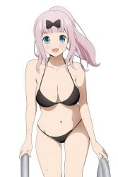 1girls accurate_art_style bikini blue_eyes blush breasts cleavage coro_fae fujiwara_chika kaguya-sama_wa_kokurasetai_~tensai-tachi_no_renai_zunousen~ official_style open_mouth pink_hair ponytail solo swimming_pool swimsuit swimsuits wet