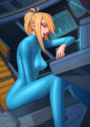 1girls absurd_res aroused blonde_hair blush bodysuit clothed computer deilan12 female female_focus female_only metroid nintendo ponytail samus_aran sitting sitting_on_chair solo solo_female space spacecraft spaceship zero_suit zero_suit_samus