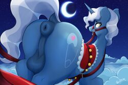 absurd_res anus ass balls big_butt blue_body bridle czu equid equine feral friendship_is_magic fur genitals hair hasbro hi_res horn looking_at_viewer looking_back male male_only mammal moon my_little_pony night perineum pokey_pierce_(mlp) unicorn