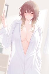 :o absurdres aketa_mikoto blush breasts brown_hair cleavage collarbone fingernails gradient_hair highres huge_breasts idolmaster idolmaster_shiny_colors indoors kirou_(kiruyuu1210) light_brown_hair looking_at_viewer multicolored_hair nail_polish naked_shirt see-through_silhouette shirt white_shirt