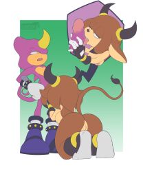 ahe_gao anthro big_ass big_breasts blanfrank bovid bovine brown_fur chameleon commission cow cow_girl cow_horns espio_the_chameleon fellatio gloves horn horns licking_penis mobian_(species) original_character penis purple_skin rear_view shoes sonic_(series) sonic_oc sonic_the_hedgehog_(series) tan_fur