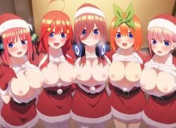 5girls ai_generated blue_eyes breasts_out breasts_out_of_clothes female_only go-toubun_no_hanayome nakano_ichika nakano_itsuki nakano_miku nakano_nino nakano_yotsuba santa_costume santa_hat yamaimo510