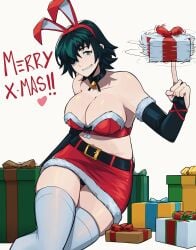 aneurysm.ax anime bell_collar big_breasts breasts bunny_ears chainsaw_man christmas christmas_clothing christmas_outfit christmas_present collar dark_hair eyepatch female female_focus female_only green_hair himeno_(chainsaw_man) legwear light-skinned_female light_skin manga merry_christmas presents rabbit_ears santa_costume short_hair smile solo solo_female solo_focus thick_thighs thighs upskirt wholesome