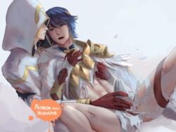 2boys alfonse_(fire_emblem) bare_legs blue_eyes blue_hair erection erection_under_clothes fire_emblem fire_emblem_heroes groping hood kiran_(fire_emblem) kiran_(fire_emblem)_(male) male male_only multiple_boys nintendo open_mouth penis_grab reddverse smile spread_legs torn_clothes yaoi