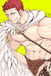 1boy abs bara bare_pectorals blue_eyes briefs brown_male_underwear bulge erection erection_under_clothes feather_collar feathers gakei3 greek_clothes harness heterochromia large_pectorals leaning_forward long_sideburns male male_focus male_only male_underwear muscular muscular_male navel nipples pectorals pollux_(tokyo_afterschool_summoners) red_hair short_hair sideburns smile solo stomach tokyo_afterschool_summoners tokyo_houkago_summoners underwear yellow_eyes