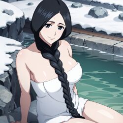 1girls ai_generated arm_support bare_chest bare_legs bare_shoulders bare_thighs barely_clothed bbing146422 big_breasts black_hair bleach bleach:_the_thousand-year_blood_war blue_eyes braid braided_ponytail breasts cleavage female female_only hotspring huge_breasts legs_together light-skinned_female light_skin looking_at_viewer mature mature_female mature_woman milf mostly_nude nai_diffusion onsen paipan pale-skinned_female pale_skin ponytail sagging_breasts smile solo solo_focus stable_diffusion thick_thighs thighs towel towel_only unohana_retsu very_long_hair voluptuous white_skin