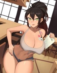 1girls barleyshake big_breasts blush brown_hair female female_focus female_only green_eyes jean_shorts large_breasts long_hair looking_at_viewer original_character solo solo_female thick_thighs tongue_out waiting