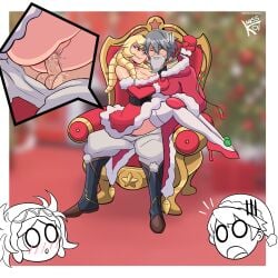 2boys 2girls alternate_costume artist_name blonde_hair blush breasts chair chair_sex christmas christmas_clothing christmas_outfit chrom_(fire_emblem) chrom_(fire_emblem)_(winter) cleavage closed_eyes clothed clothed_sex clothing female fire_emblem fire_emblem_awakening grey_hair half-closed_eyes high_heels large_breasts light-skinned_female light-skinned_male light_skin lissa_(fire_emblem) lissa_(fire_emblem)_(winter) male male/female maribelle_(fire_emblem) misskoi multiple_boys multiple_girls nintendo on_chair penetration penis penis_in_pussy public public_sex pussy robin_(fire_emblem) robin_(fire_emblem)_(male) santa_costume sex sitting sitting_on_chair stockings vagina vaginal_penetration vaginal_sex