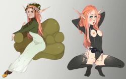 before_and_after bimbo bimbofication blue_eyes condom corruption elf female filled_condom flower_crown green_dress long_ears millie_(psychotey) nonconsensual original_character overknee_stockings overknees petite psychotey red_hair small_breasts solo