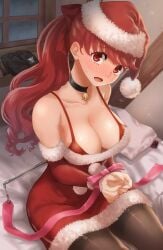 1girls alternate_breast_size atlus breasts christmas female hi_res huge_breasts kasumi_yoshizawa kurosususu light-skinned_female light_skin long_hair naughty_face persona persona_5 persona_5_royal ponytail red_eyes red_hair santa_hat smile sumire_yoshizawa thick_thighs