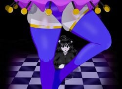 ballerina ballerina_position ballora ballora_(fnafsl) black_hair drool drooling five_nights_at_freddy's five_nights_at_freddy's:_sister_location five_nights_in_anime gothtrishy long_hair looking_up nosebleed on_floor pale-skinned_female pale_skin reflective_floor robot robot_girl robot_humanoid self_insert thick_thighs thighs tight_clothing tight_leggings tight_pants white_skin