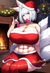 abs ai_generated azur_lane christmas christmas_decorations christmas_outfit condom condom_in_mouth fireplace fox_ears fox_girl huge_breasts kaga_(azur_lane) merry_christmas santa_costume santa_hat self_upload spyrodragon2003 tagme white_hair