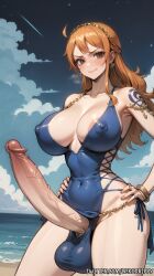 1futa ai_generated beach big_balls big_breasts big_penis futa futa_only futa_sans_pussy futadom futanari huge_cock huge_penis nami nami_(one_piece) nekodrippy nipples one_piece orange_hair post-timeskip stable_diffusion tattoo