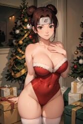 1girls adapted_costume ai_generated bare_chest bare_shoulders big_breasts breasts brown_eyes brown_hair cameltoe child_bearing_hips christmas christmas_clothing christmas_outfit christmas_tree cleavage double_bun forehead_protector front_view fur_trim gift gift_box hair_bun headband hourglass_figure huge_breasts indoors konohagakure_symbol kunoichi legwear leotard light-skinned_female light_skin looking_at_viewer nai_diffusion naruto naruto_(series) ninja pelvic_lines pinup revealing_clothes samsara_ai skimpy skimpy_clothes smile stable_diffusion stockings strapless strapless_leotard tenten thick_thighs thighs tied_hair tight_clothing tight_leotard voluptuous wide_hips