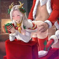 1boy 1girls alternate_costume antlers ass bare_thighs bent_over big_ass boots box capelet christmas closed_eyes deep_rising door edelgard_von_hresvelg edelgard_von_hresvelg_(snowfall_future) female female_focus fire fire_emblem fire_emblem:_three_houses fire_emblem_heroes fireplace gift high_heels holding holding_object horns indoors long_hair long_sleeves male motion_lines nail_polish naked_capelet naked_thighhighs nintendo nipples nude nude_female official_alternate_costume open_mouth pillow red_nails sex solo_focus straight sweat tearing_up tears thighhighs thighs thor_(deep_rising) tree white_hair