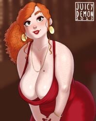 1girls 2023 artist_name auburn_hair big_breasts christmas cleavage clothed clothing dress freckles huge_breasts juicydemon light-skinned_female light_skin looking_at_viewer mole mole_on_breast original rachel_(juicydemon) voluptuous voluptuous_female